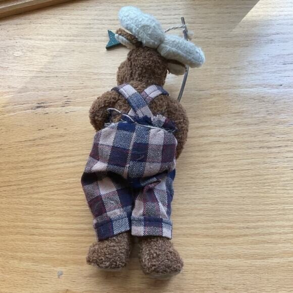 Pair Of Adorable Plush Moose Dolls In Plaid Outfits Holding Fish Decor - Picture 5 of 7